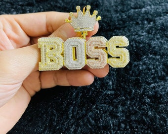 14k Gold Finish Boss with Crown Tricolor Hip Hop Simulated Diamond Pendant w/ Rope chain