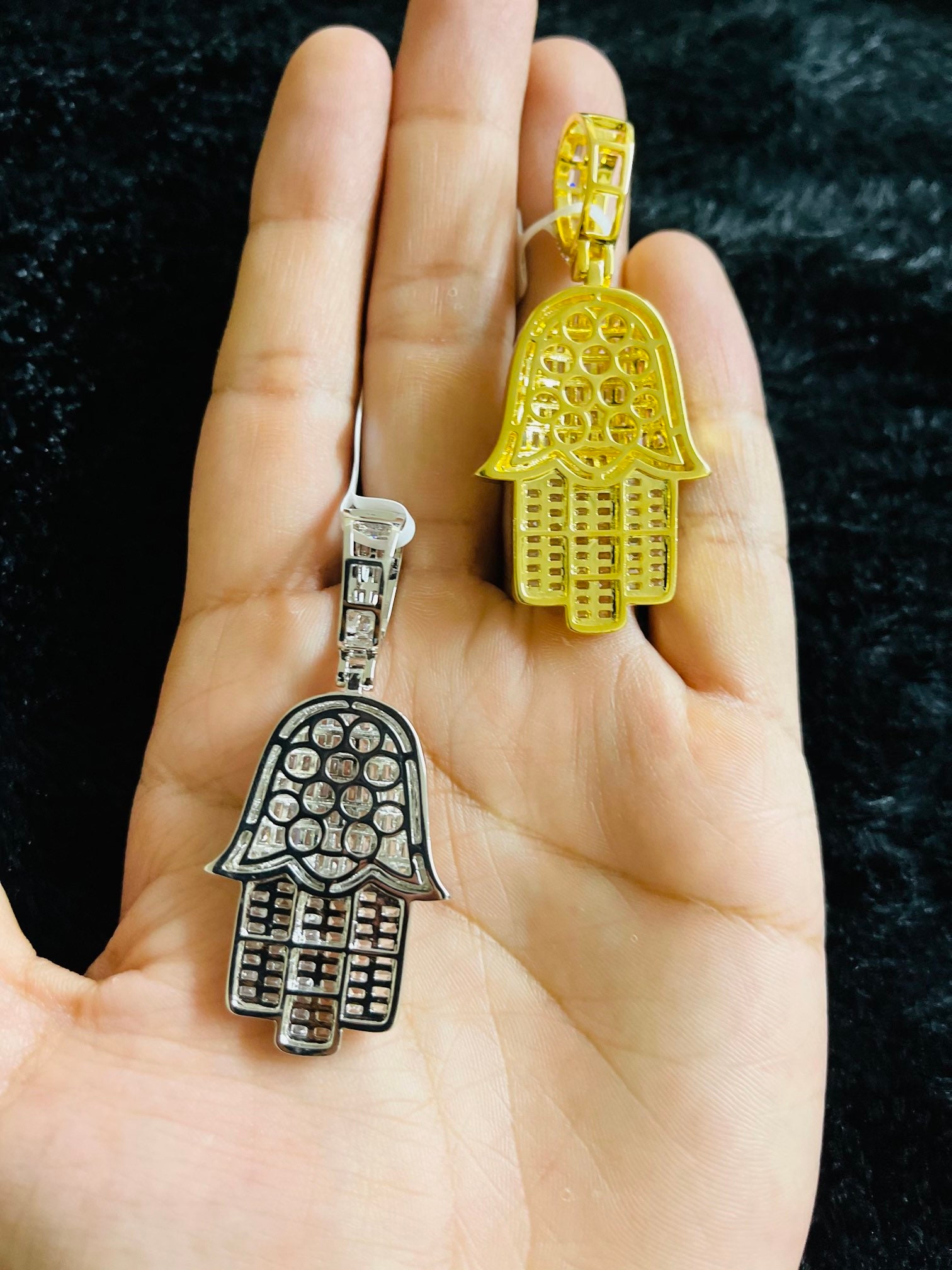 Hamsa Rope Chain 14k Gold Finish Hamsa Hand Palm Hip Hop Simulated Diamond Pendant W ...