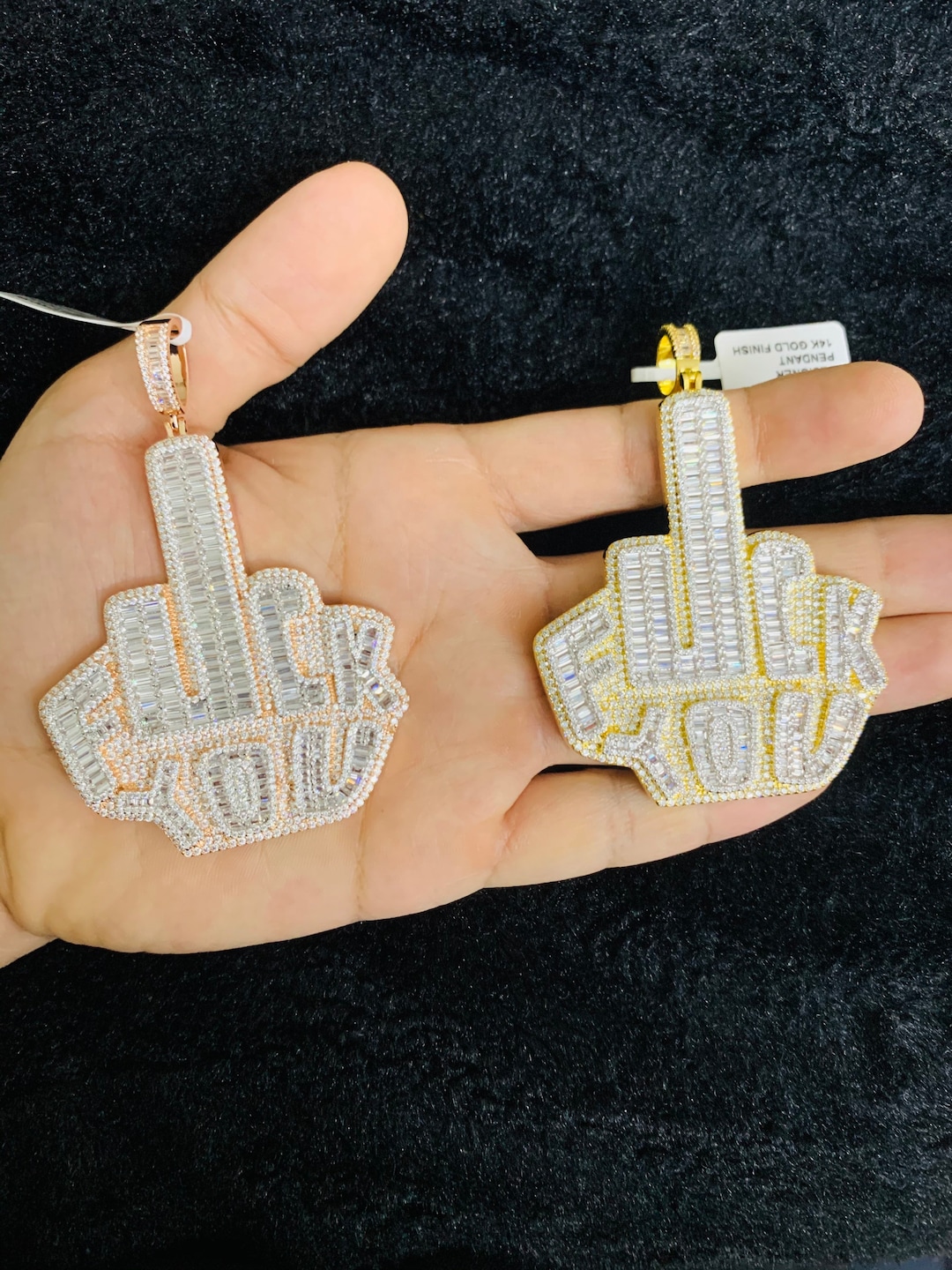 14k Gold Finish Middle Finger F**k You Hip Hop Simulated Diamond