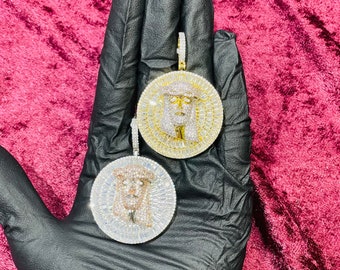 14k Gold Finish Jesus Medallion Hip Hop Simulated Diamond Charm Pendant w/ Rope Chain