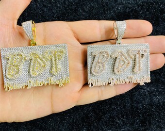 14k Gold Finish BDT Billion Dollar Thoughts Hip Hop Simulated Diamond Pendant Charm w/ Rope Chain
