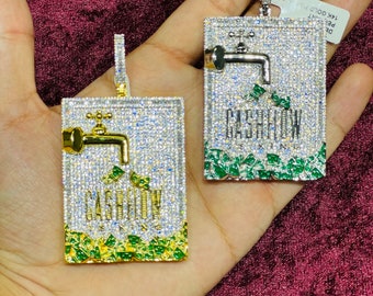 14k Gold Finish Cash Flow Hip Hop Simulated Diamond Pendant Charm w/ Rope Chain