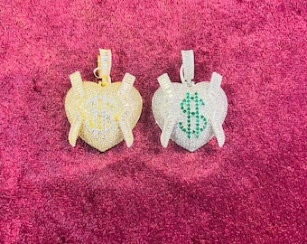 14k Gold Finish Dollar Heart Hip Hop Pendant Charm w/ Rope Chain