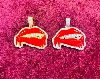 925 Sterling Silver Lips Dripping Hip Hop Simulated Diamond Pendant Charm w/ Chain