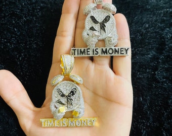 14k Gold Finish Time Is Money Hip Hop Simulated Diamond Pendant w/Rope Chain