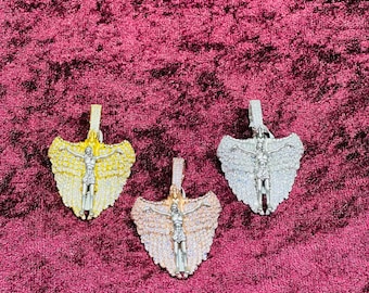 14k Gold Finish Jesus with Wings Hip Hop Simulated Diamond Pendant w/ Rope Chain