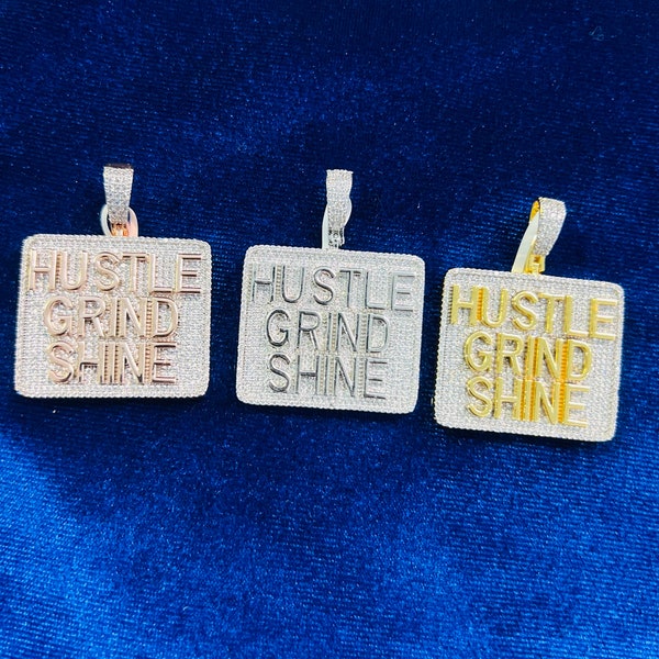 14k Gold Finish Hustle Grind Shine Hip Hop Simulated Diamond Pendant w/ Chain
