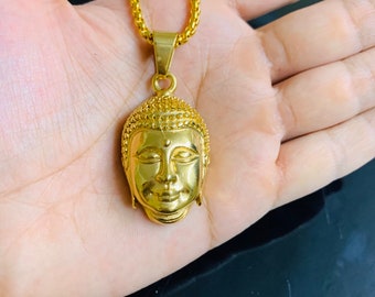 Stainless Steel Hip Hop Gold Finish Buddha Pendant Charm w/ Rope Chain