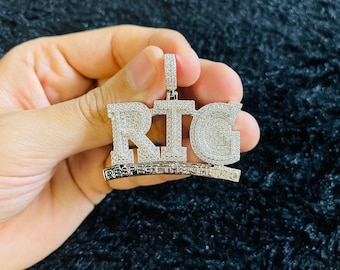 14k White Gold Finish RTG Respect The Ghetto Hip Hop Simulated Diamond Pendant w/ Chain