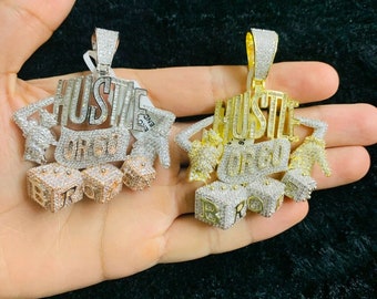 14k Gold Finish Hustle Or Go Broke Dices Hip Hop Charm Pendant w/ Rope Chain