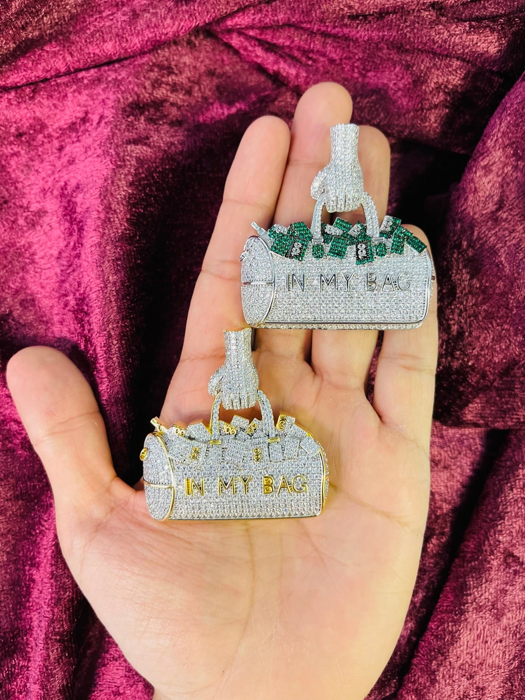 14k Gold Finish Money in My Bag Hip Hop Simulated Diamond Pendant W