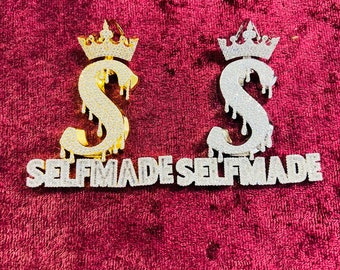 14k Gold Finish Self Made with Crown Simulated Diamond Hip Hop Pendant w/ Rope Chain