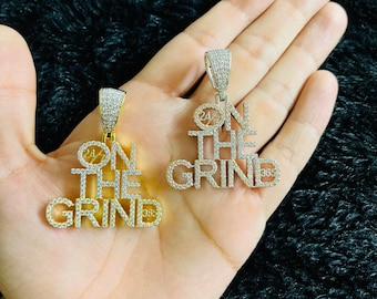 14k Gold Finish On The Grind 24*7*365 Hip Hop Simulated Diamond Pendant w/ Rope chain