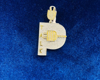 14KT Gold Finish Plug Talk hip Hop Simulated Diamond Charm Pendant W/Chain