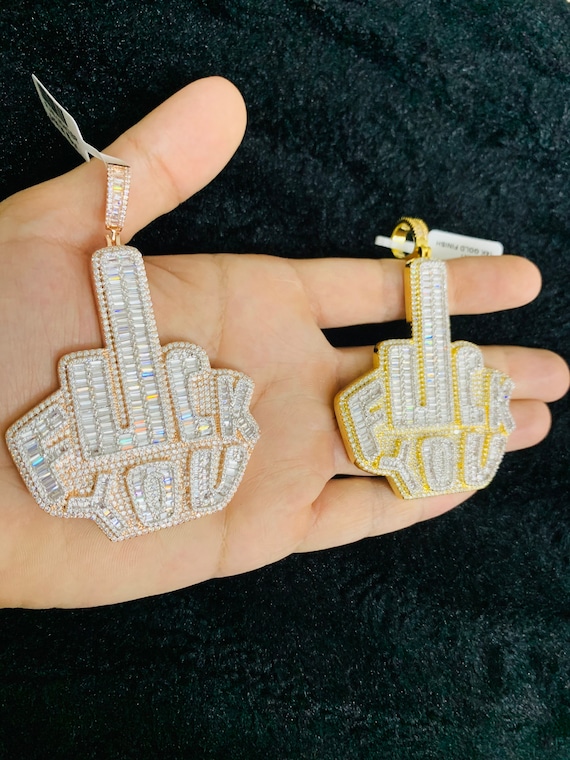 14k Gold Finish Middle Finger F**k You Hip Hop Simulated Diamond