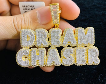 14k Gold Finish Dream Chaser Simulated Diamond Hip Hop Pendant W/ Rope Chain