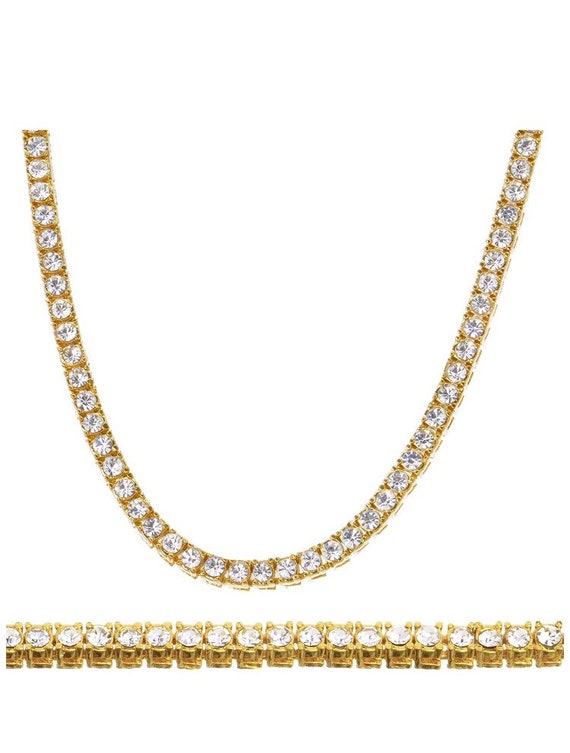 14K ゴールド仕上げ テニスチェーン 4 mm 1列 ラボ模造ダイヤモンド 