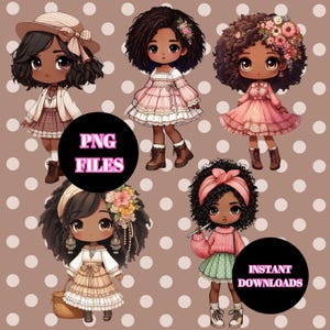 Clipart de chica chibi afroamericana para álbumes de recortes de chicas negras, estilo shabby chic, para POD, imágenes de dormitorio de chicas afroamericanas para camisetas.
