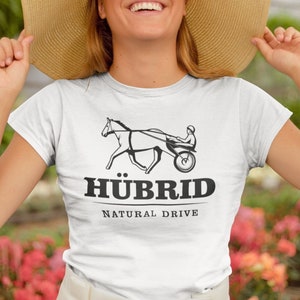 Damen T-Shirt HÜBRID Hü Brid Hybrid Pferd Kutsche Klima E-Auto