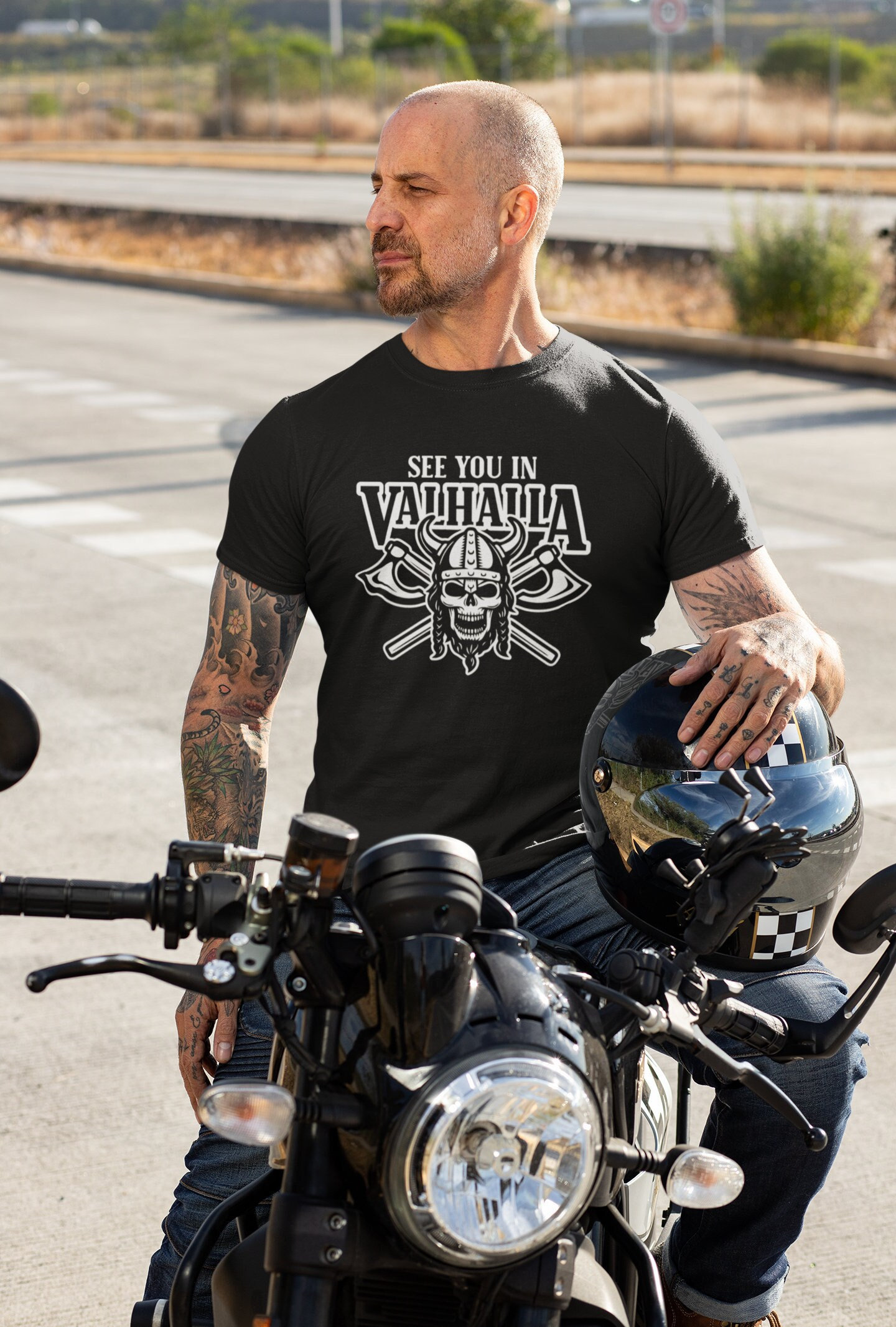 See you in VALHALLA Odin Thor Viking Wodan Ragnar Biker Norse Warrior Skull Beard Rune crossed Axes Nordic Metal Hiking T-Shirt