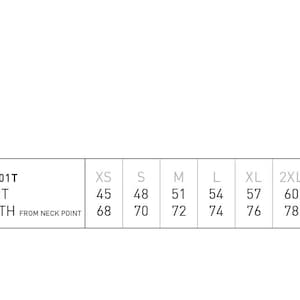 May include: Size chart for a t-shirt with measurements in inches for half chest and body length from neck point. Sizes range from XS to 5XL.