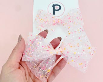 Birthday Girl Glitter Tulle Bow: Handmade Hair Clip (5" x 4")