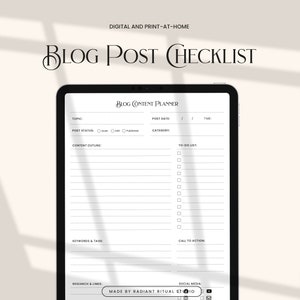 May include: A black and white printable checklist for planning blog posts. The checklist includes sections for topic, post status, content outline, keywords and tags, to-do list, call to action, research and links, and social media. The checklist is titled "Blog Post Checklist" and "Blog Content Planner".