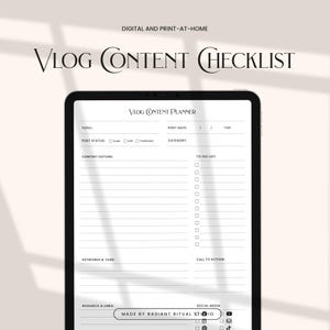 May include: A black and white digital planner template for vlog content planning. The template includes sections for topic, post status, post date, category, content outline, to-do list, keywords and tags, call to action, research and links, and social media. The template is made by Radiant Ritual Studio.