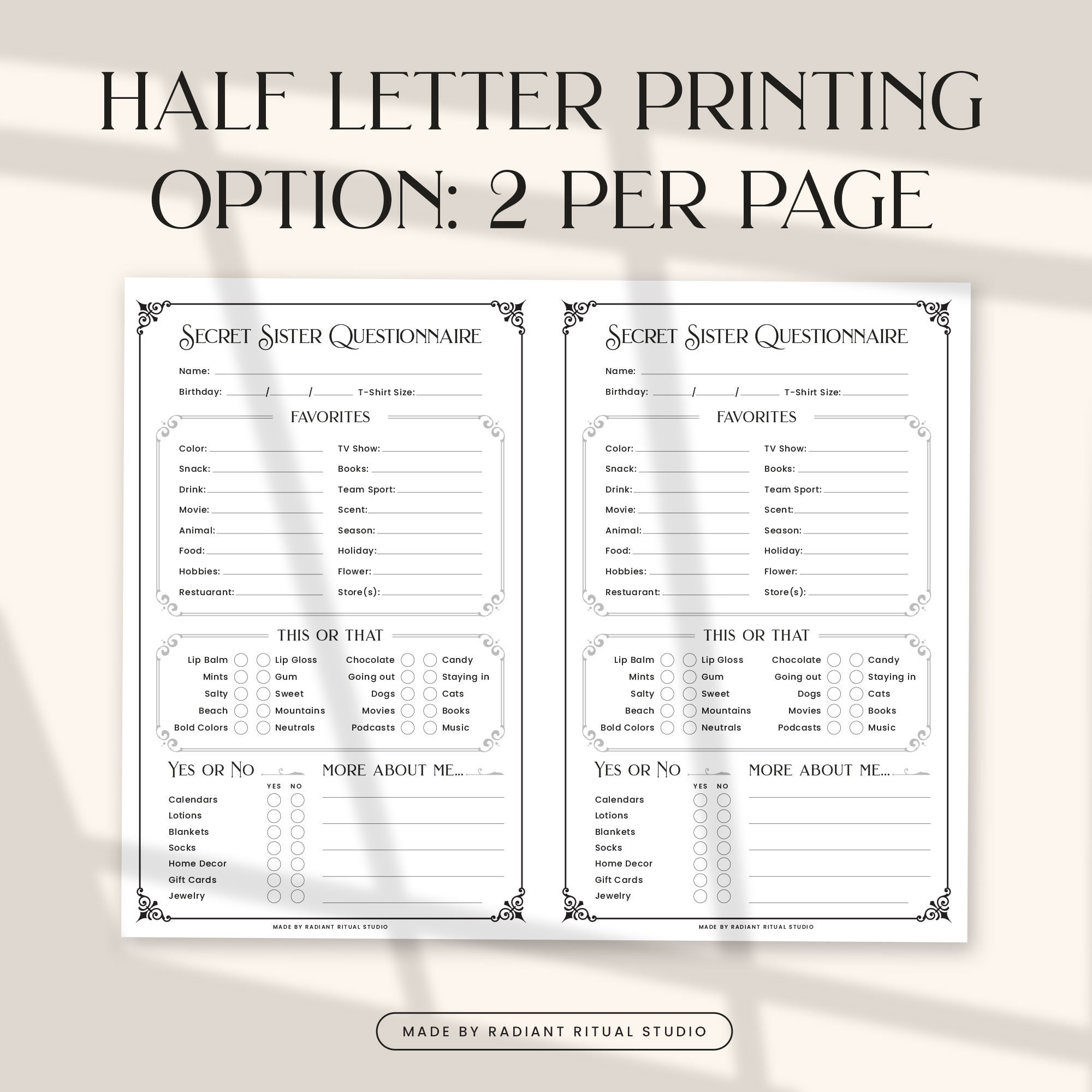 Secret Sister Printable, All About Me, Secret Sister Questionnaire ...