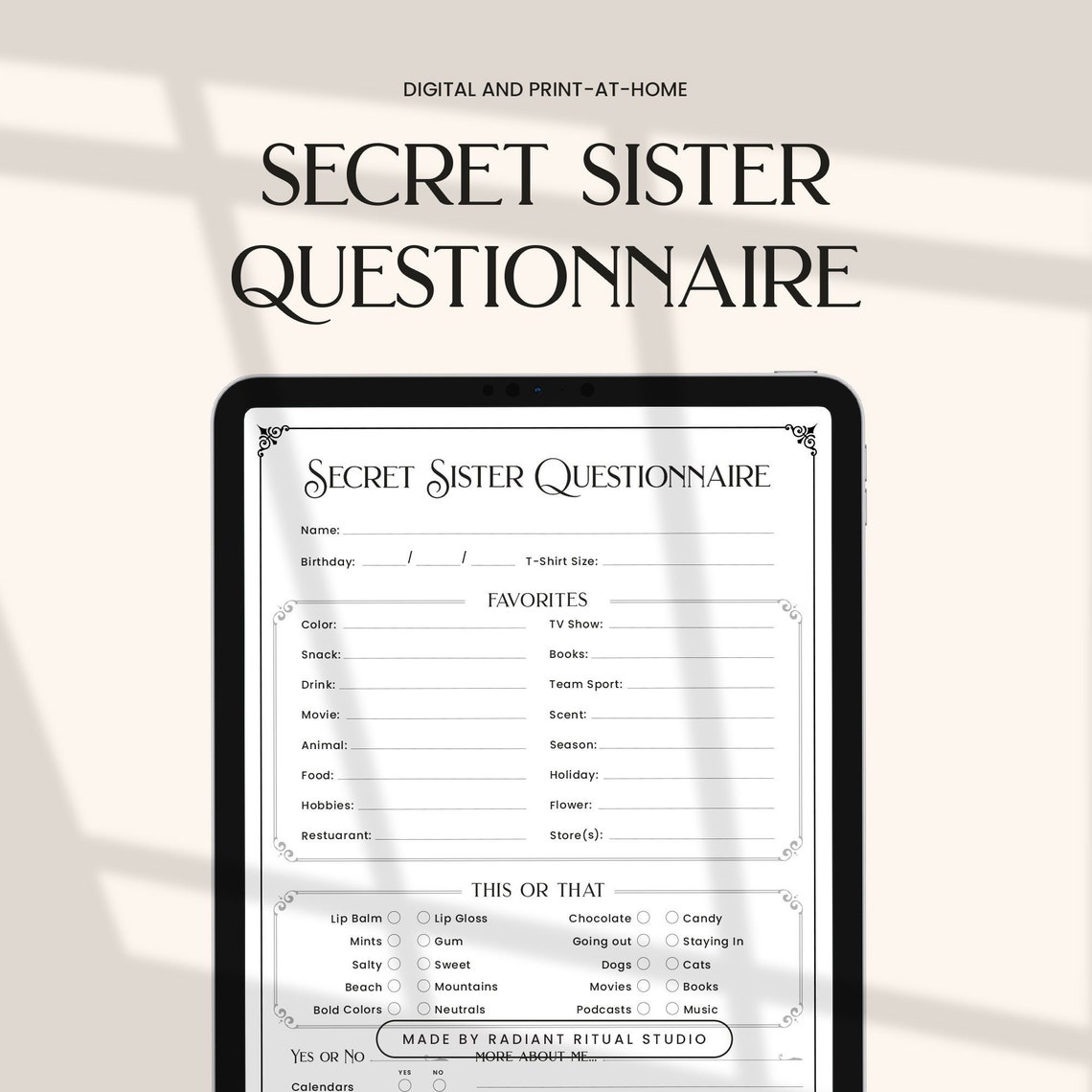 Secret Sister Printable, All About Me, Secret Sister Questionnaire ...