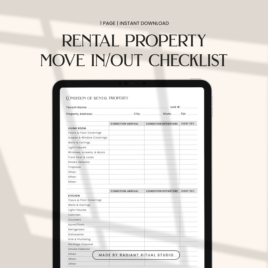 Printable Move In Checklist Rental Property Move In/out Checklist for Landlords & Tenants (fillable ...