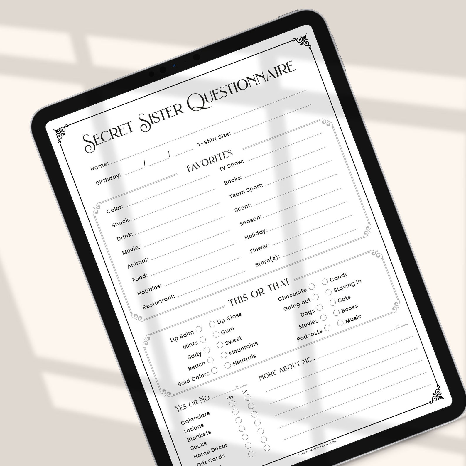 Secret Sister Printable, All About Me, Secret Sister Questionnaire ...