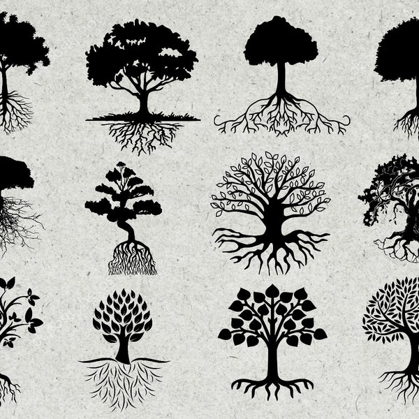 Arbre avec racines svg bundle, racines d’arbre svg, silhouette, fichiers de coupe clipart pour cricut & machine à découper