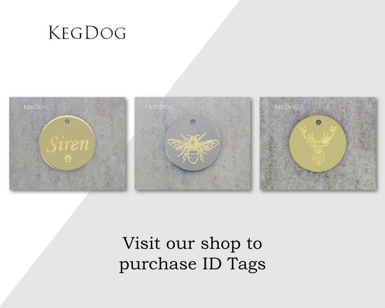 May include: Three round gold and silver dog ID tags with different designs. The first tag is gold and has the name "Siren" engraved on it. The second tag is silver and has a bee engraved on it. The third tag is gold and has a deer engraved on it. The tags are all engraved with the text "KEGDOG".