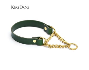 Green Leather Martingale - Non-Adjustable - Half Check Style - Slip On Dog Collar - 2cm Width