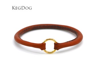 Brown Rolled Leather House Collar - Thin Tag Collar - ID Dog Collar