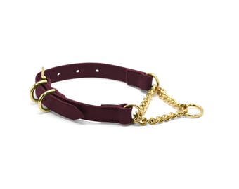 Burgundy Leather Martingale Collar - Dog Collar with Buckle - Medium Breeds - Fully Opening - Adjustable
