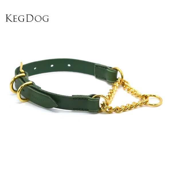 Leather Martingale - Green Collar with Buckle - Medium Breeds - Fully Opening Chain Collar