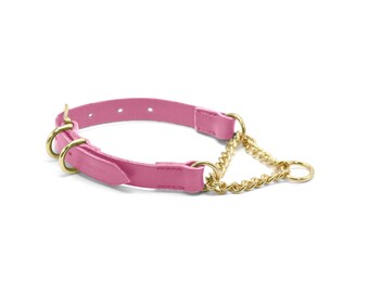 Leather Martingale - Pink Collar with Buckle - Medium Breeds - Fully Opening Chain Collar