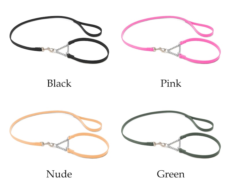 Op de afbeelding: Vier hondenriemen in zwart, roze, nude en groen. Elke riem heeft een lus handvat en een kleinere lus met een metalen ketting en sluiting. De kleuren staan onder elke riem.