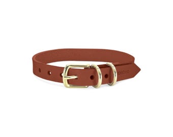 May include: A rust-colored leather collar featuring a gold-toned metal buckle and two D-rings. The strap has multiple adjustment holes and the brand name KegDog is embossed on the pointed end of the leather strap, which is shown in a circular shape.
