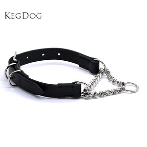 May include: Black leather dog collar with a silver chain and multiple silver rings. KEGDOG is printed on a white background.