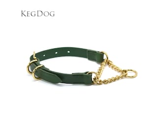Leather Martingale - Green Collar with Buckle - Medium Breeds - Fully Opening Chain Collar