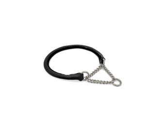 Handstitched Rolled Black Leather Martingale Dog Collar – Custom Fit