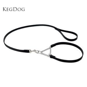 May include: A black leather dog leash featuring a silver metal swivel snap hook and a triangular silver chain link section connected to a circular collar loop. The text KEGDOG is printed in black in the upper left corner of the image.