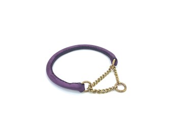 Handstitched Rolled Purple Leather Martingale Dog Collar – Custom Fit
