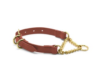 Brown Leather Martingale Collar - Dog Collar with Buckle - Medium Breeds - Fully Opening - Adjustable