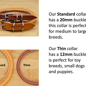 May include: Two leather dog collars on a wooden surface. The top collar is labeled "Standard" and has a 20mm buckle. The bottom collar is labeled "Thin" and has a 12mm buckle.