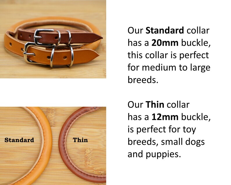 May include: Two leather dog collars on a wooden surface. The top collar is labeled "Standard" and has a 20mm buckle. The bottom collar is labeled "Thin" and has a 12mm buckle.