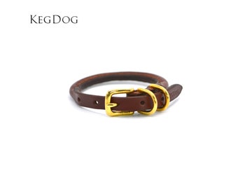 Thin Rolled Leather Collar - Small Dog & Puppy - 12mm wide - Prevents Fur Damage - Dark Brown Leather